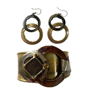 Gold and Silver Tone Cuff Bracelet and Matching Earrings